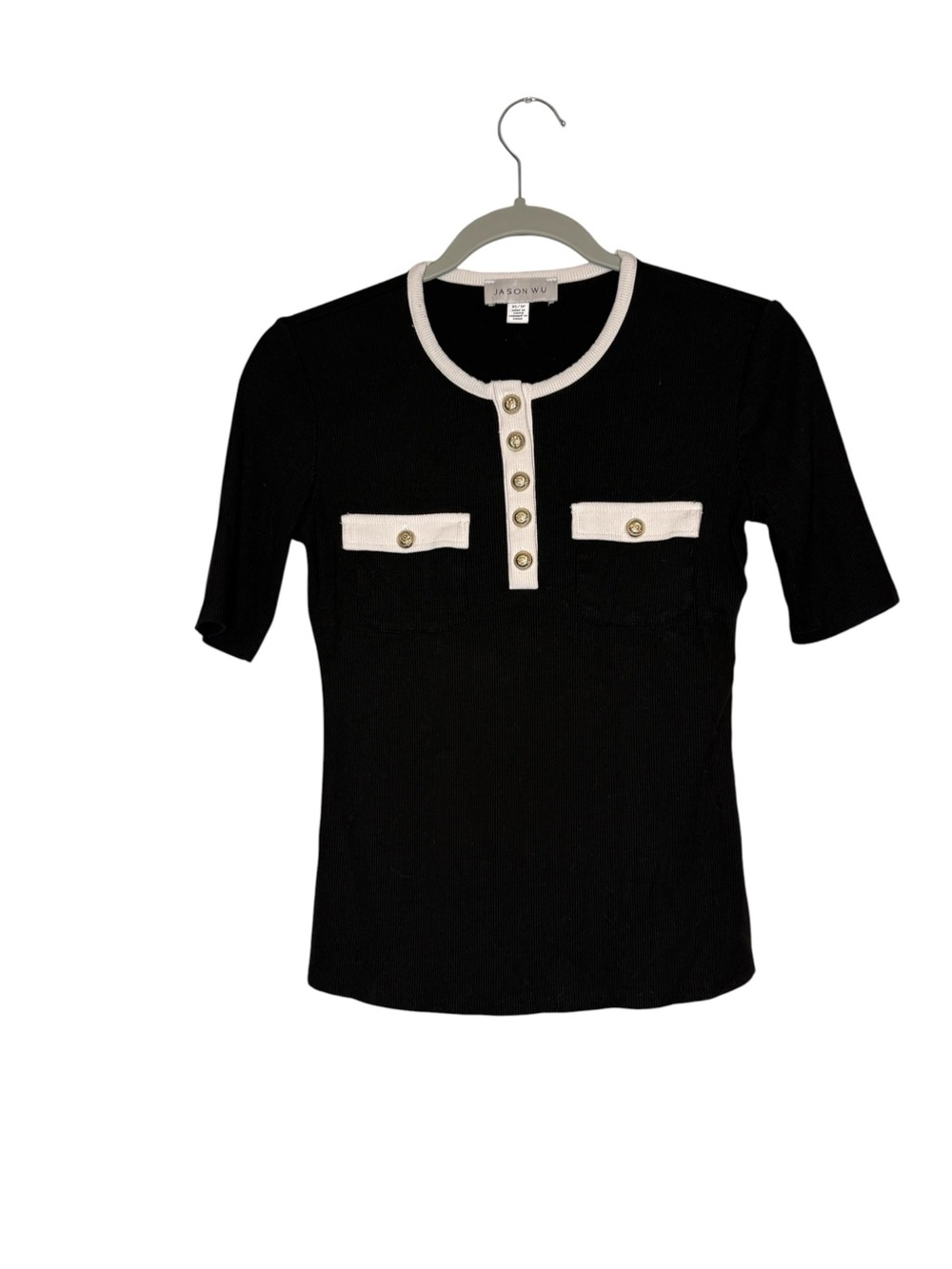 Jason Wu Black Short Sleeve Knit Top with White Trim Size XS